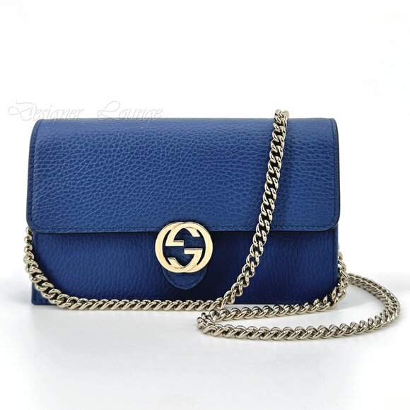NEW GUCCI Interlocking GG Blue Leather Crossbody Wallet On Chain Bag Clutch - Picture 1 of 15